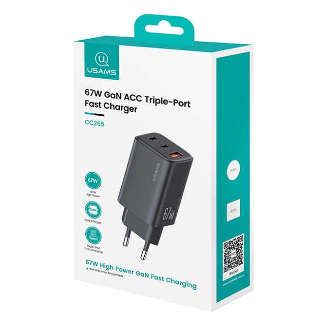 USAMS φορτιστής τοίχου CC265, USB & 2x USB-C, 67W, GaN, μαύρος
