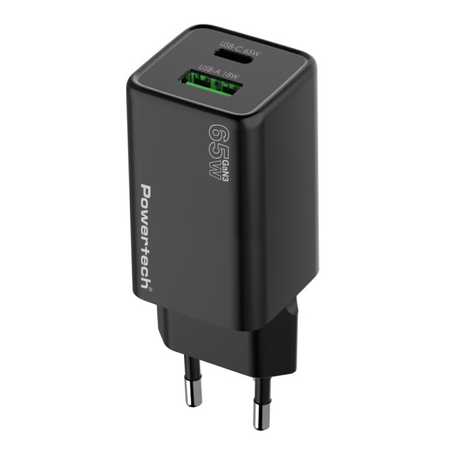 POWERTECH φορτιστής τοίχου PT-1501, USB/USB-C, 65W, GaN, μαύρος