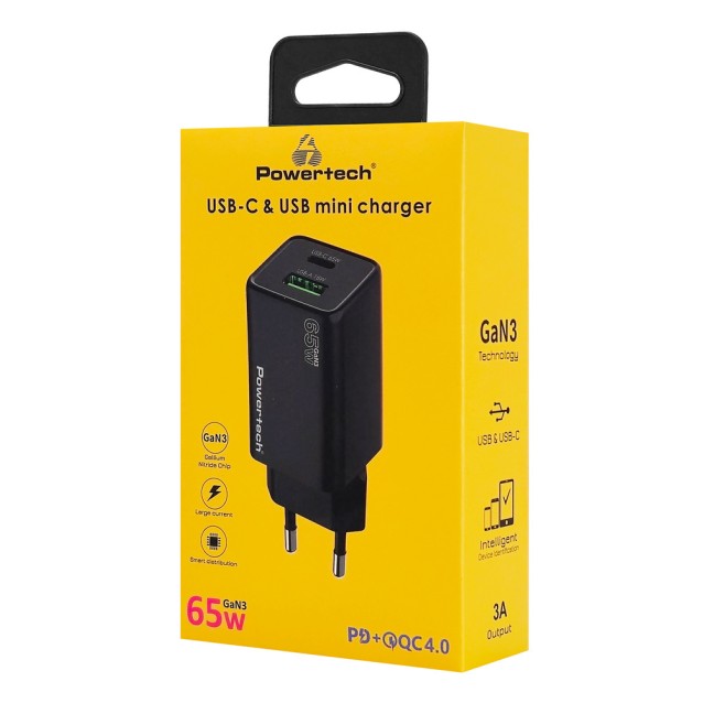 POWERTECH φορτιστής τοίχου PT-1501, USB/USB-C, 65W, GaN, μαύρος