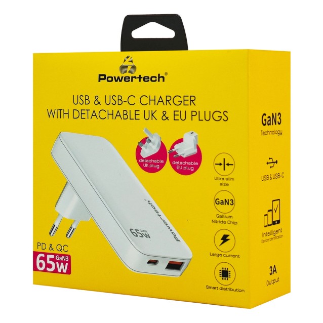 POWERTECH φορτιστής τοίχου PT-1532, EU/UK/CN βύσμα, USB/USB-C, 65W, GaN, λευκός