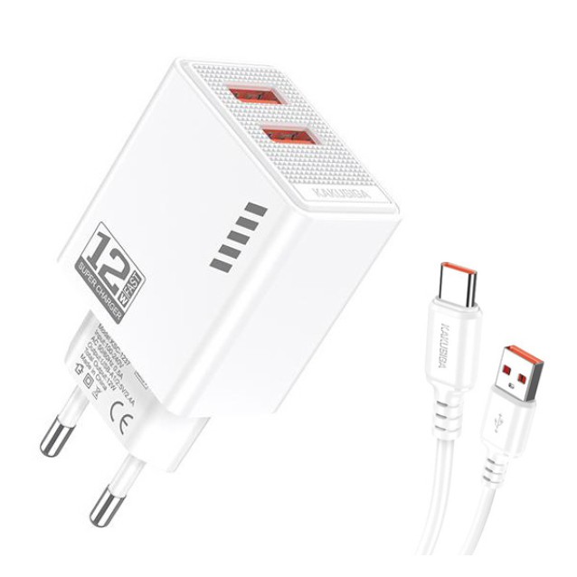 KAKUSIGA φορτιστής τοίχου KSC-1238 με καλώδιο USB-C, 2x USB, 12W, λευκός