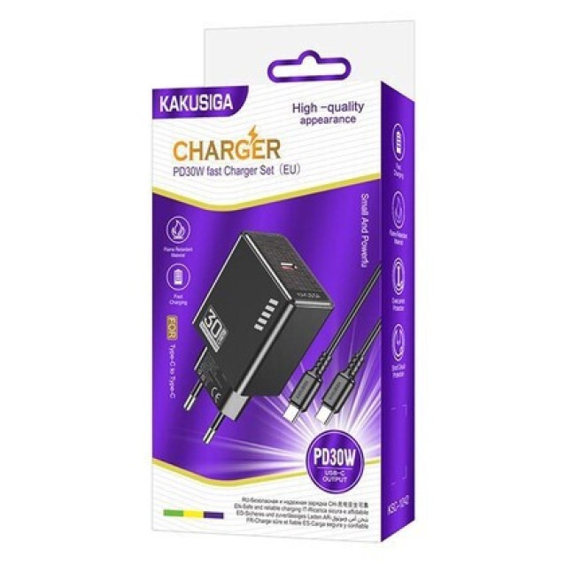 KAKUSIGA φορτιστής τοίχου KSC-1242 με καλώδιο USB-C, USB-C, 30W, μαύρος