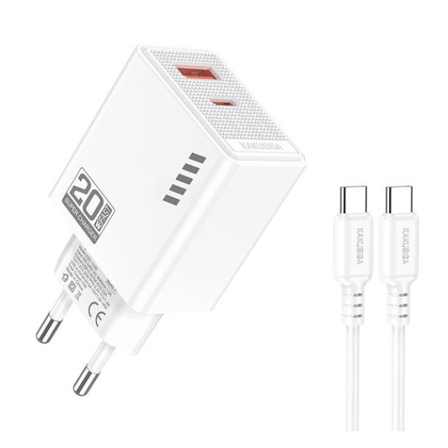 KAKUSIGA φορτιστής τοίχου KSC-1240 με καλώδιο USB-C, USB & USB-C, 20W, λευκός