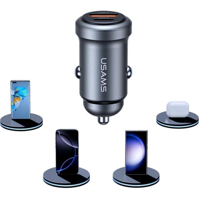 USAMS φορτιστής αυτοκινήτου CC322, USB & USB-C, 30W, γκρι