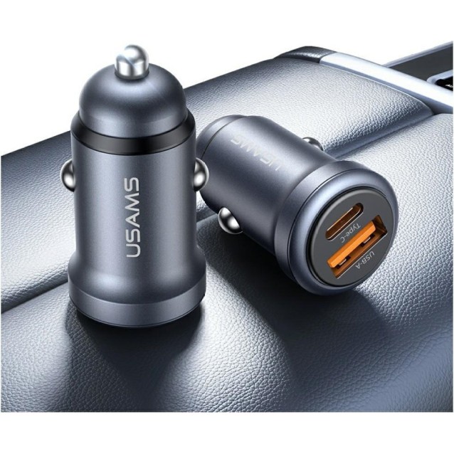 USAMS φορτιστής αυτοκινήτου CC322, USB & USB-C, 30W, γκρι