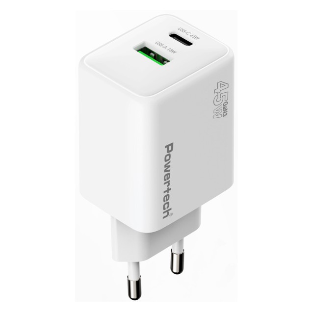 POWERTECH φορτιστής τοίχου PT-1551, USB/USB-C, 45W, GaN, AVS, λευκός
