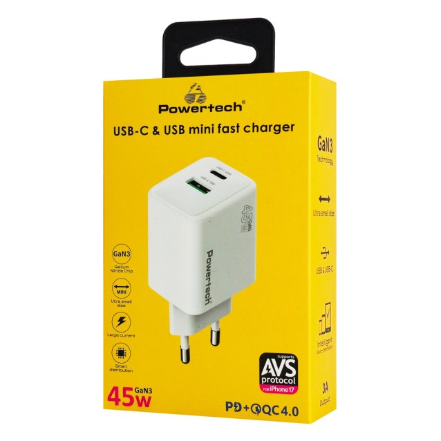 POWERTECH φορτιστής τοίχου PT-1551, USB/USB-C, 45W, GaN, AVS, λευκός