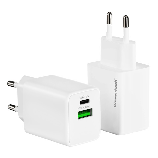POWERTECH φορτιστής τοίχου PT-1551, USB/USB-C, 45W, GaN, AVS, λευκός