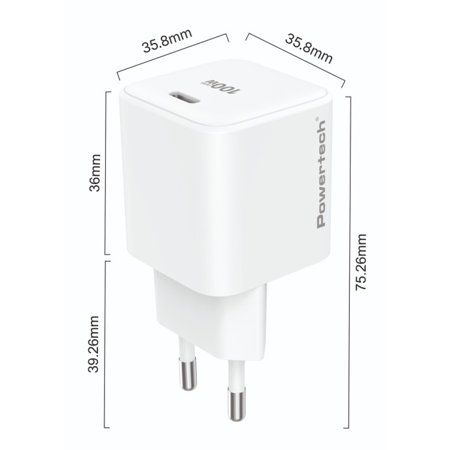 POWERTECH φορτιστής τοίχου PT-1612, USB-C, 100W, GaN, AVS, λευκός