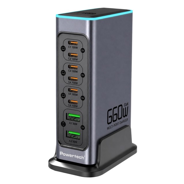 POWERTECH σταθμός φόρτισης PT-1621, 2x USB & 6x USB-C, GaN, 140W, γκρι POWERTECH σταθμός φόρτισης PT-1621, 2x USB & 6x USB-C, GaN, 140W, γκρι