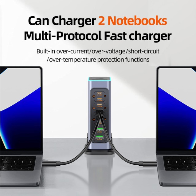 POWERTECH σταθμός φόρτισης PT-1621, 2x USB & 6x USB-C, GaN, 140W, γκρι