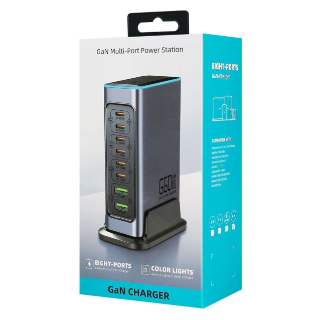POWERTECH σταθμός φόρτισης PT-1621, 2x USB & 6x USB-C, GaN, 140W, γκρι