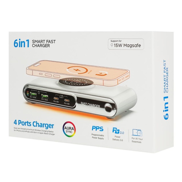 POWERTECH σταθμός φόρτισης PT-1624, 2x USB/2x USB-C/wireless, 72W, λευκός