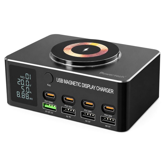POWERTECH σταθμός φόρτισης PT-1625 με οθόνη, 4x USB/4x USB-C/wireless, 140W, μαύρος