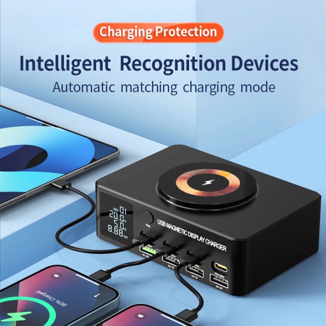 POWERTECH σταθμός φόρτισης PT-1625 με οθόνη, 4x USB/4x USB-C/wireless, 140W, μαύρος