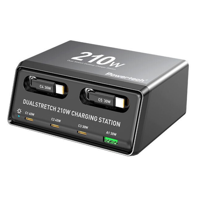 POWERTECH σταθμός φόρτισης PT-1623, USB/3x USB-C/2x USB-C καλώδια, GaN, 160W, μαύρος