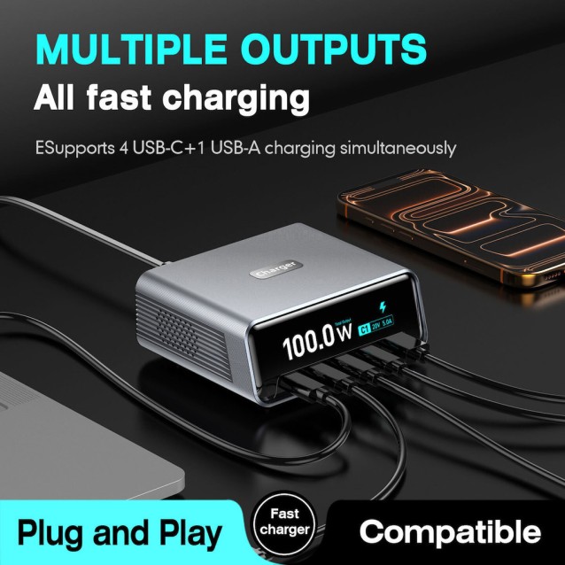 POWERTECH σταθμός φόρτισης PT-1622 με οθόνη, USB & 4x USB-C, GaN, 100W, ασημί