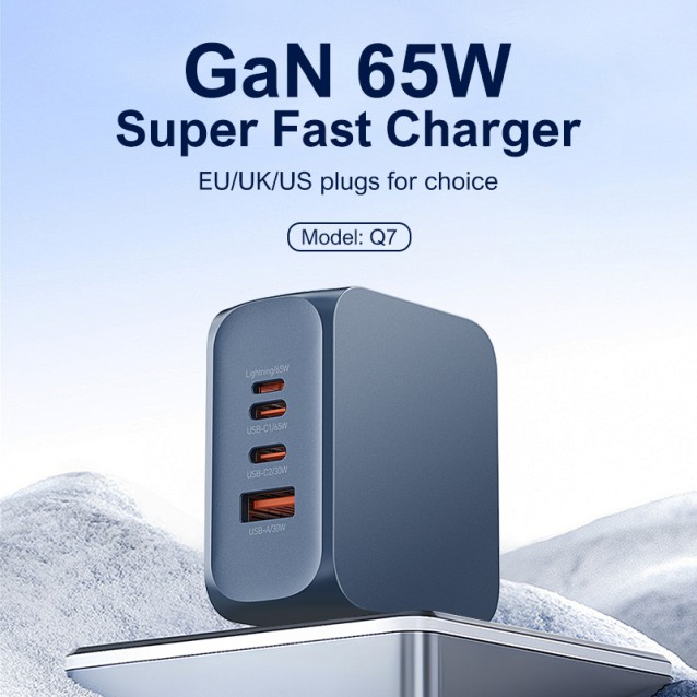 LDNIO φορτιστής τοίχου Q7 με καλώδιο USB-C, USB/Lightning/2x USB-C, GaN, 65W, μπλε