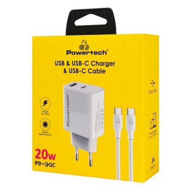 POWERTECH φορτιστής τοίχου PT-1635 με καλώδιο, USB/USB-C, 20W, λευκός