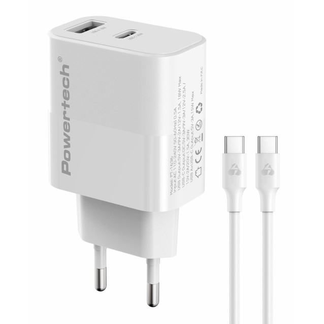 POWERTECH φορτιστής τοίχου PT-1636 με καλώδιο, USB/USB-C, 30W, GaN, λευκός POWERTECH φορτιστής τοίχου PT-1636 με καλώδιο, USB/USB-C, 30W, GaN, λευκός