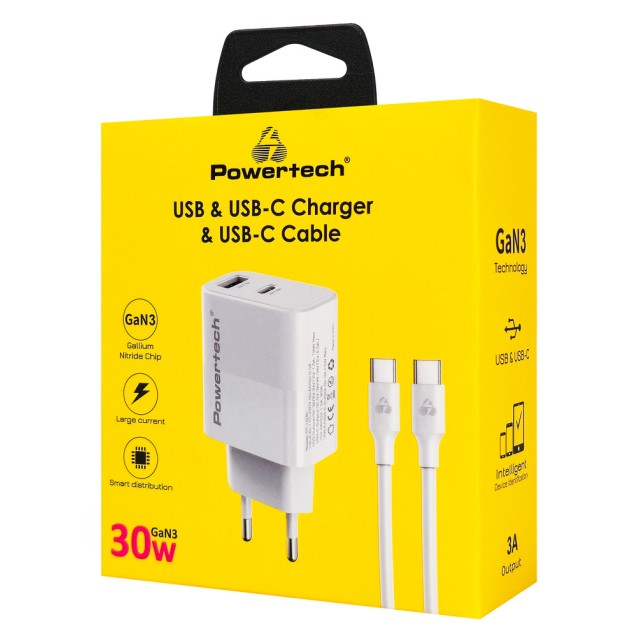POWERTECH φορτιστής τοίχου PT-1636 με καλώδιο, USB/USB-C, 30W, GaN, λευκός