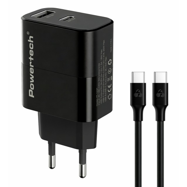POWERTECH φορτιστής τοίχου PT-1637 με καλώδιο, USB/USB-C, 20W, μαύρος