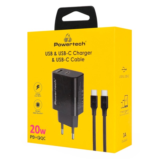 POWERTECH φορτιστής τοίχου PT-1637 με καλώδιο, USB/USB-C, 20W, μαύρος