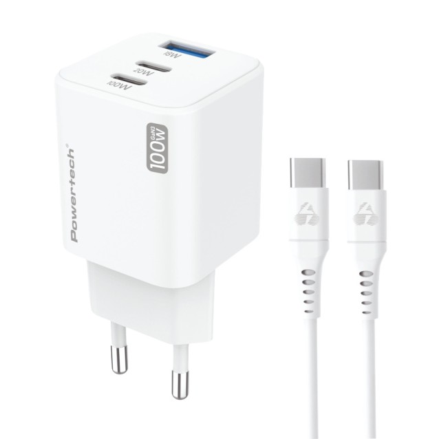 POWERTECH μίνι φορτιστής τοίχου PT-1671 με καλώδιο, USB/2x USB-C, 100W, GaN, λευκός