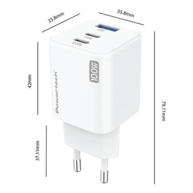 POWERTECH μίνι φορτιστής τοίχου PT-1671 με καλώδιο, USB/2x USB-C, 100W, GaN, λευκός