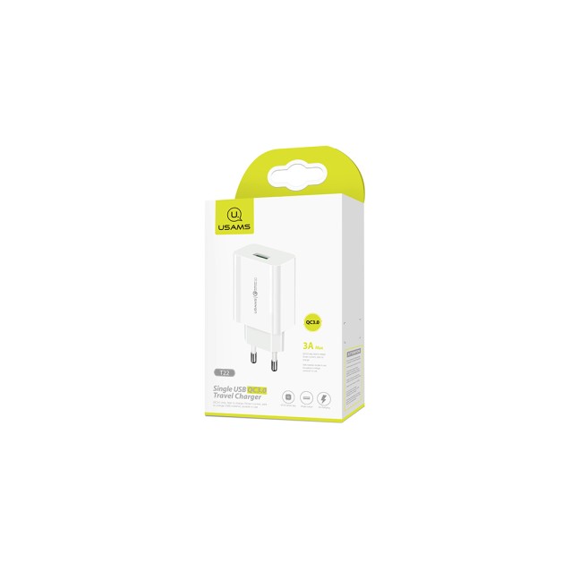 USAMS φορτιστής τοίχου T22, 1x USB, QC3.0 18W 3A, λευκός