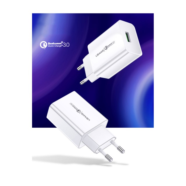 USAMS φορτιστής τοίχου T22, 1x USB, QC3.0 18W 3A, λευκός