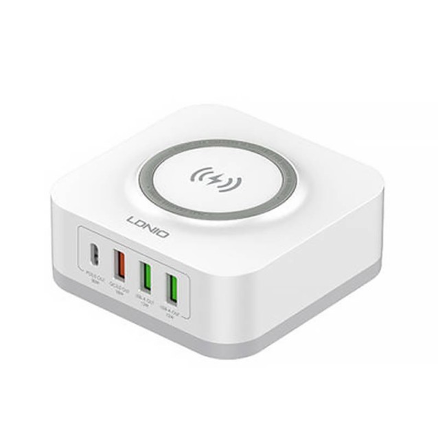 LDNIO σταθμός φόρτισης AW004, USB-C/3x USB/wireless, 32W, PD/QC, λευκός