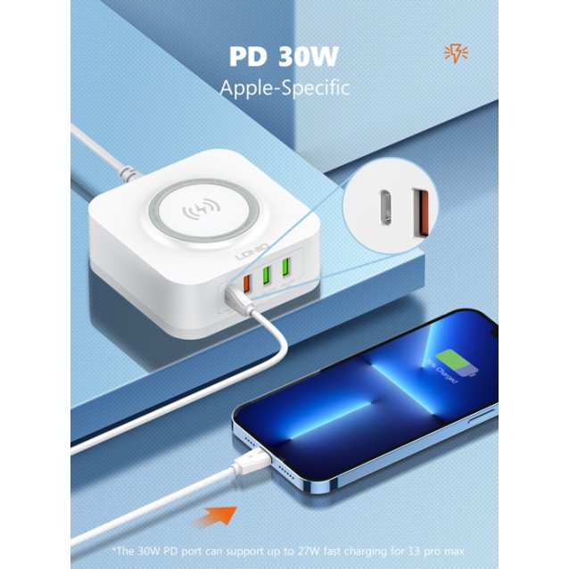 LDNIO σταθμός φόρτισης AW004, USB-C/3x USB/wireless, 32W, PD/QC, λευκός
