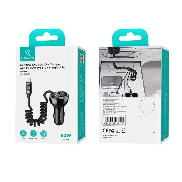 USAMS φορτιστής αυτοκινήτου US-CC192 με καλώδιο, USB/USB-C, 60W, μαύρος