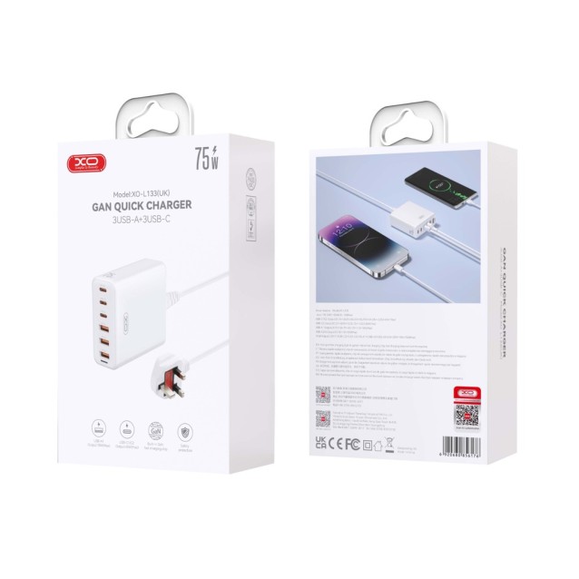 XO L133 ΦΟΡΤΙΣΤΗΣ DESKTOP 75W GAN 3 ΘΥΡΕΣ USB + 3ΘΥΡΕΣ TYPE-C, 1.5M