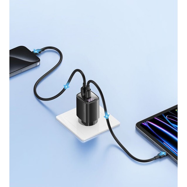 USAMS φορτιστής τοίχου US-CC229, USB & USB-C, 30W, GaN, λευκός