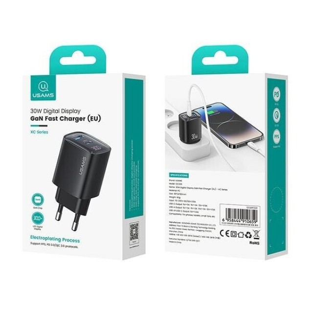 USAMS φορτιστής τοίχου US-CC229, USB & USB-C, 30W, GaN, λευκός