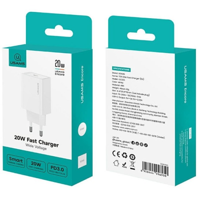 USAMS φορτιστής τοίχου CC325, USB-C, 20W, λευκός