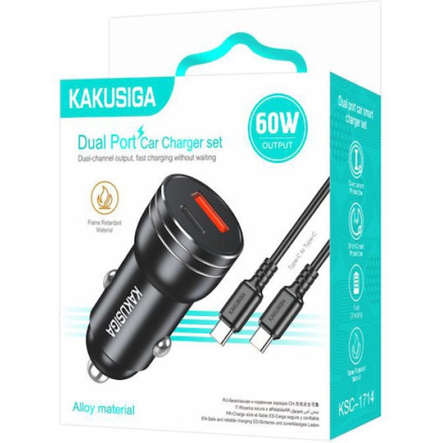 KAKUSIGA φορτιστής αυτοκινήτου KSC-1714 με καλώδιο USB-C, USB/USB-C, 60W, μαύρος