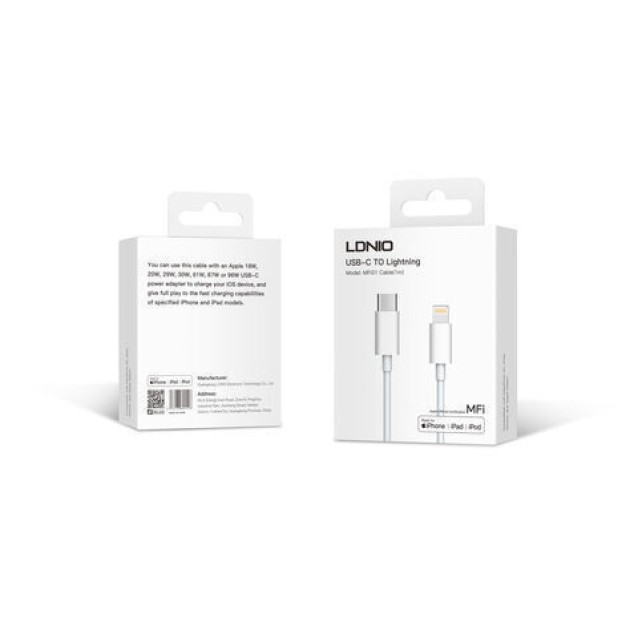 LDNIO καλώδιο Lightning σε USB-C MFi01, MFi, 30W, 480Mbps, 1m, λευκό