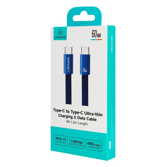 USAMS καλώδιο USB-C SJ783, 60W, 480Mbps, flat, 1.2m, μπλε