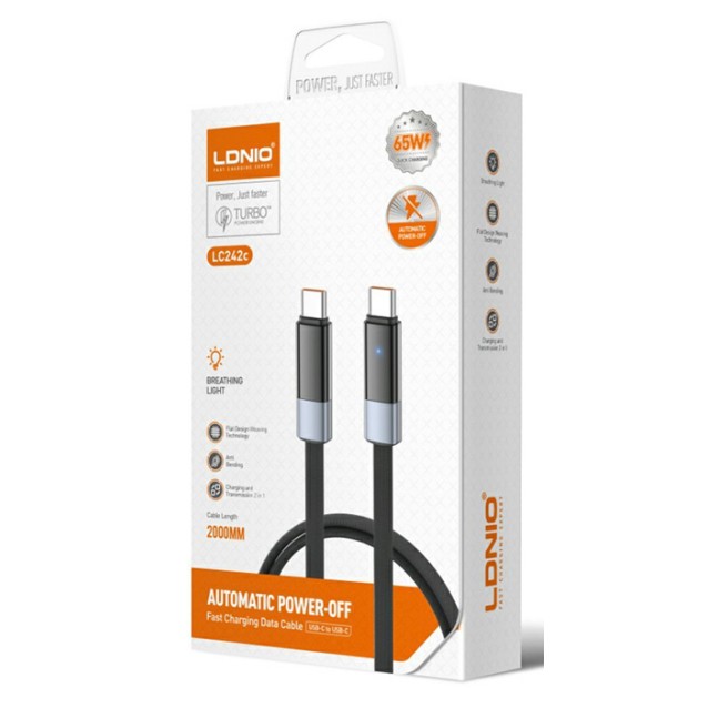 LDNIO καλώδιο USB-C LC242c, flat, 65W, 480Mbps, 2m, μαύρο