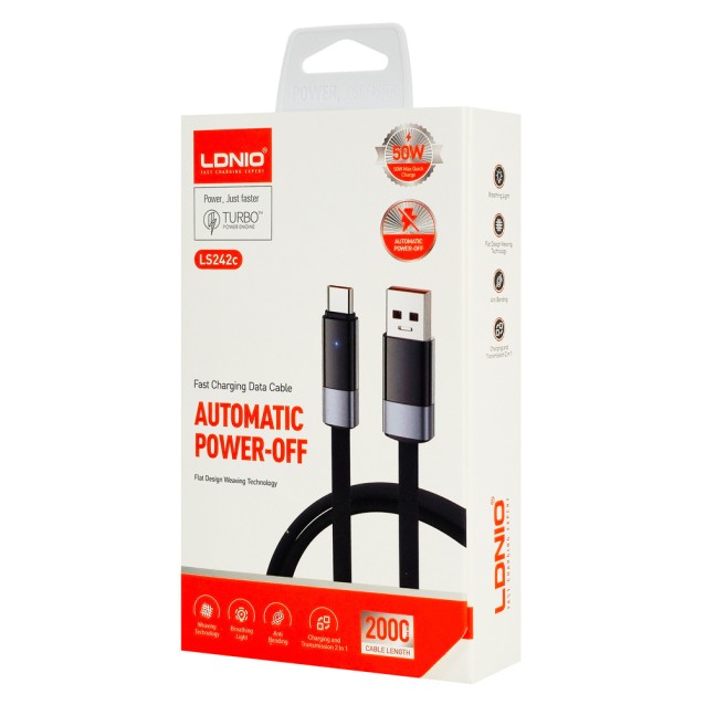 LDNIO καλώδιο USB-C σε USB LS242c, flat, 50W, 480Mbps, 2m, μαύρο