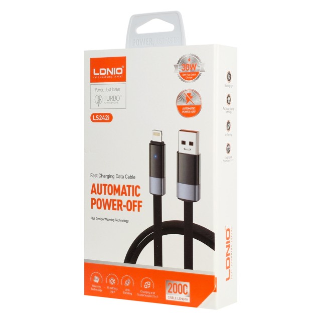 LDNIO καλώδιο Lightning σε USB LS242i, flat, 30W, 480Mbps, 2m, μαύρο