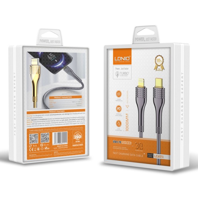 LDNIO καλώδιο Lightning σε USB-C LC651I, 30W, 1m, χρυσό