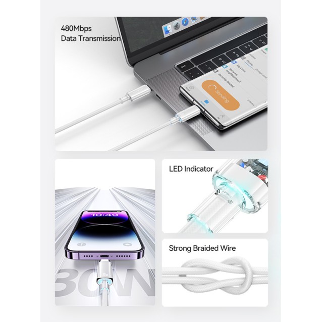 USAMS καλώδιο Lightning σε USB-C US-SJ659, 30W, 480Mbps, 1.2m, λευκό