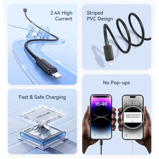 USAMS καλώδιο Lightning σε USB US-SJ709, 12W, 480Mbps, 1m, μαύρο
