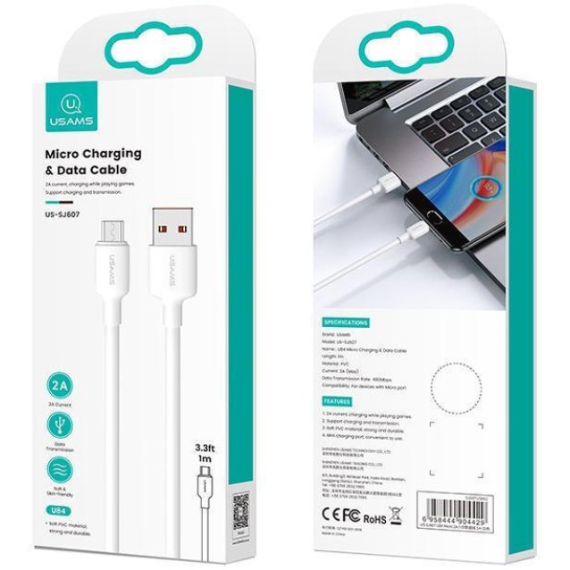 USAMS καλώδιο micro USB σε USB US-SJ607, 2A, 1m, λευκό