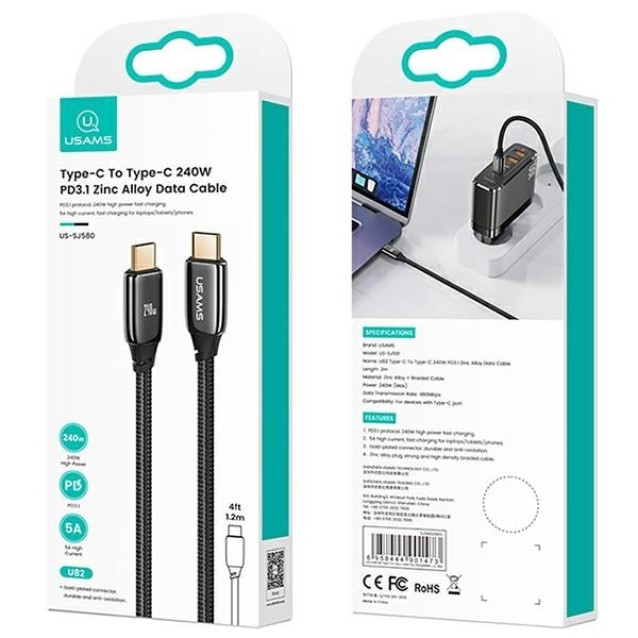 USAMS καλώδιο USB-C σε USB-C US-SJ580, 240W PD 3.1, 480Mbps, 1.2m, μαύρο