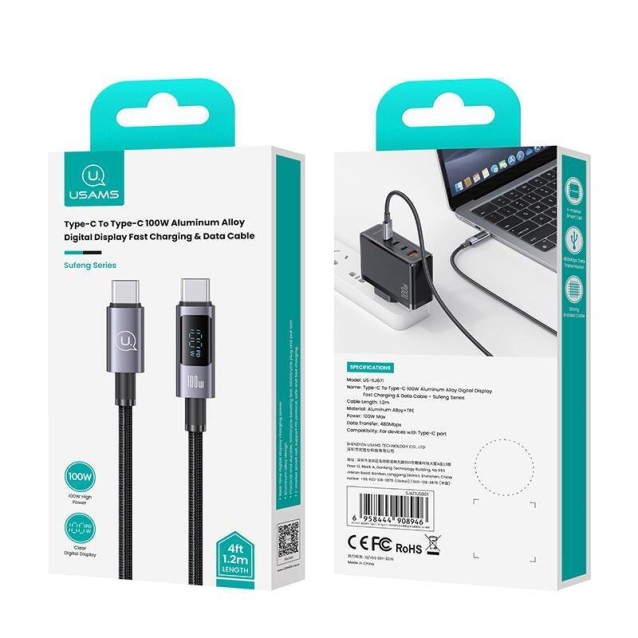 USAMS καλώδιο USB-C σε USB-C US-SJ671, 100W, 480Mbps, 1.2m, μαύρο